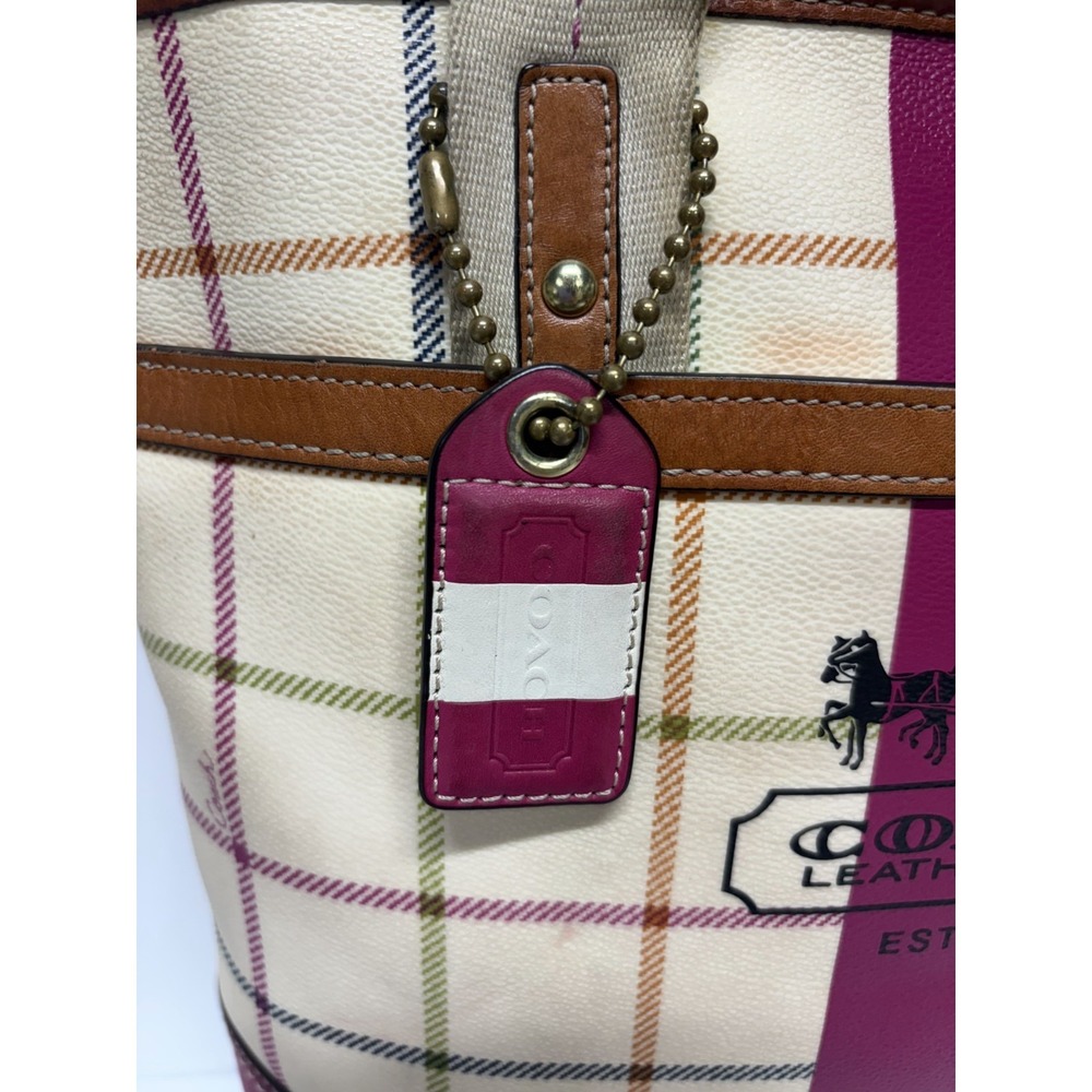 Coach Heritage Leatherware Tote Womens Pink White Tattersall Plaid Webbing Strap - Picture 4 of 9